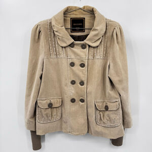 Gentle Fawn Tan Beige Corduroy Peplum Jacket Double Breasted Pleated Yoke Medium